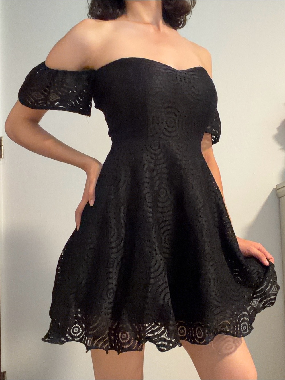 Seven7 Black Off-Shoulder Lace Fit-and-Flare Dress